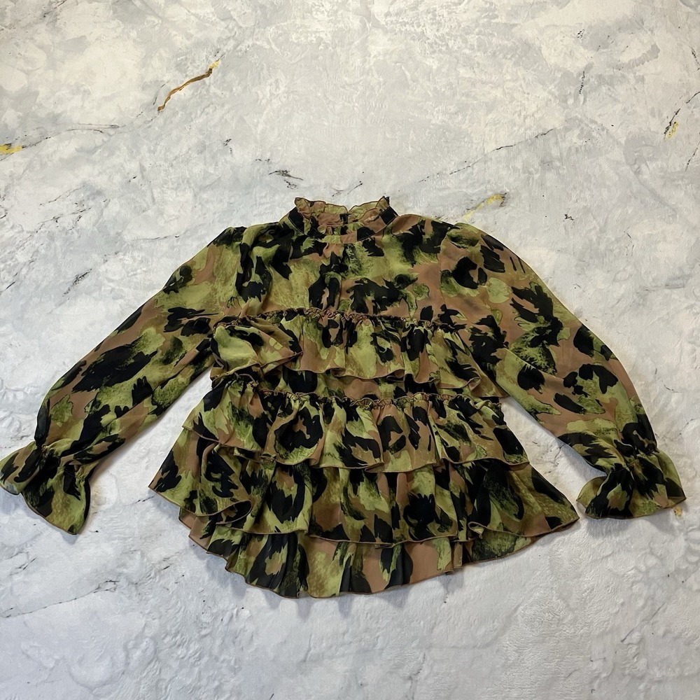 Adyson Parker Shirt‎ Womens Size Large Green Camouflage Tiered Sheer